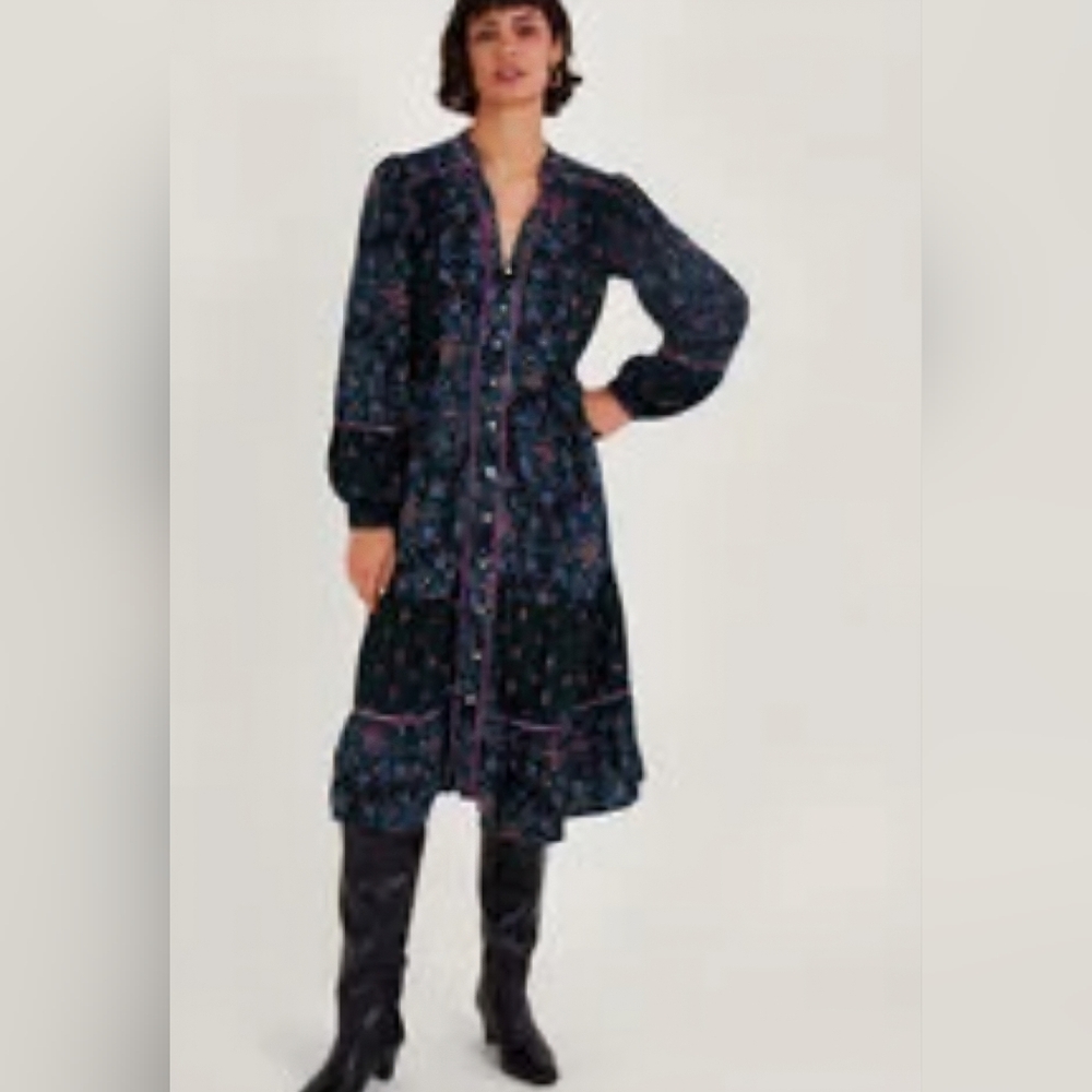 Monsoon Velvet Trim Dress Black - Picture 3 of 16